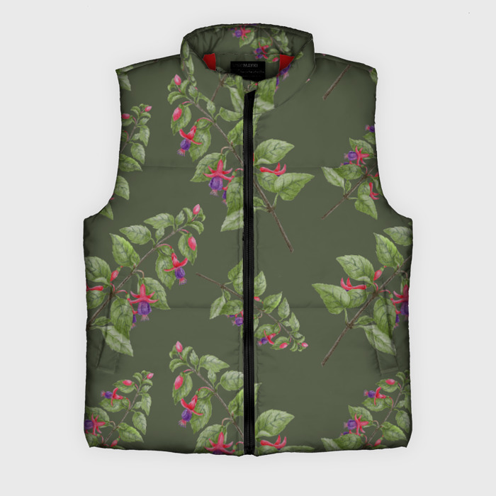 Мужской жилет утепленный 3D Веточки розовой фуксии на темно зеленом фоне фото