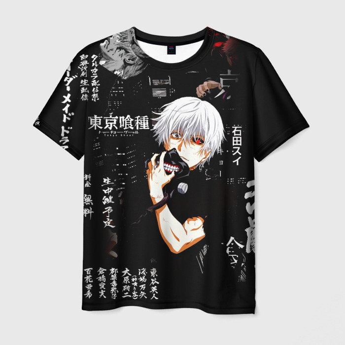 Мужская футболка 3D Токийский Гуль на фоне Иероглифов | Tokyo Ghoul фото