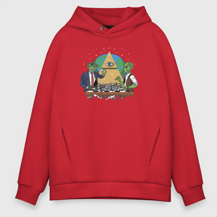 Мужское худи Oversize хлопок Рептилоид играет в шахматы против Зеленого человечка фото