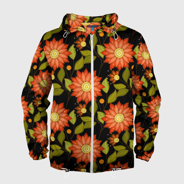 Мужская ветровка 3D Оранжевые цветы на черном фоне фото