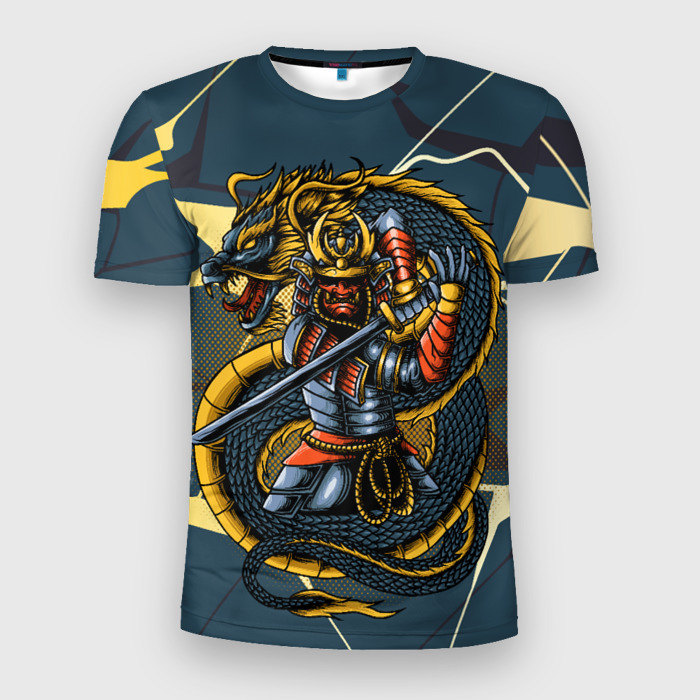Мужская футболка 3D Slim Самурай с драконом фото