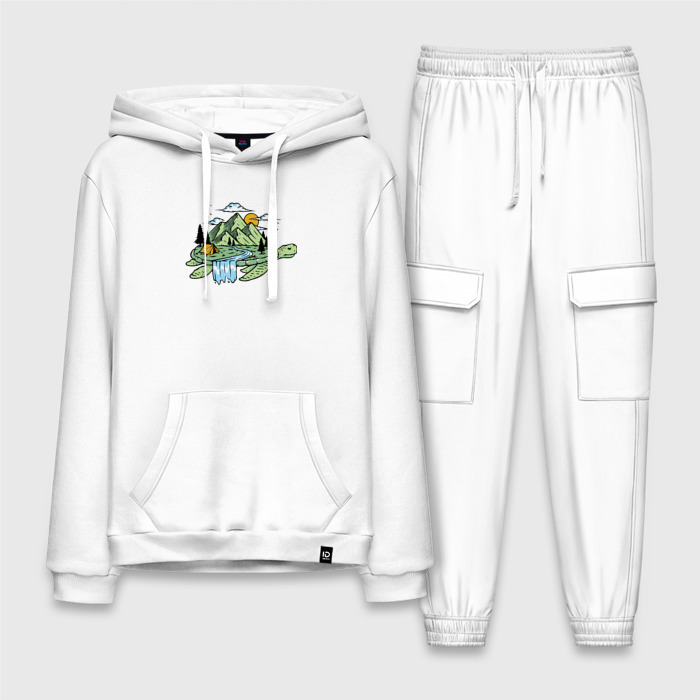 Мужской костюм хлопок с толстовкой Горы, река, палатка на панцире черепахи    Mountains, river, tent on turtle shell фото
