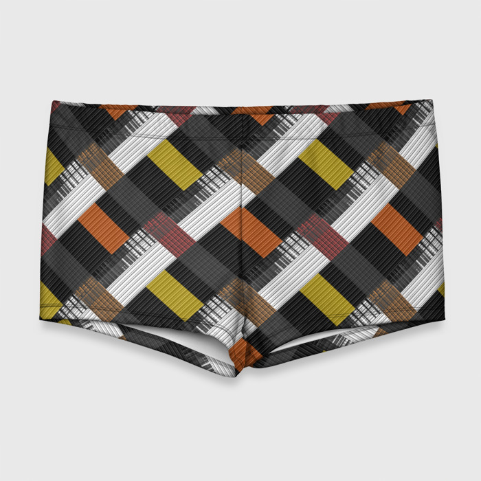 Мужские купальные плавки 3D Коричнево горчичный с серым полосатый пэчворк фото