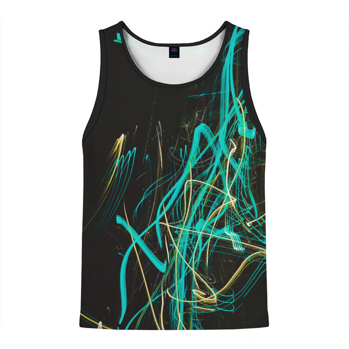 Мужская майка 3D Неоновые лучи в абстракции   Голубой и жёлтый фото