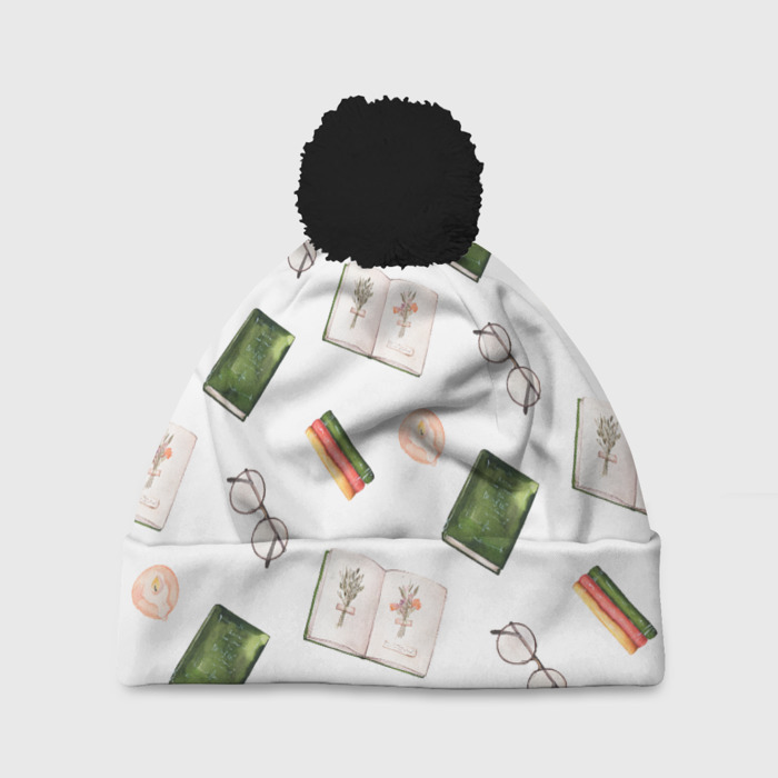 Шапка 3D c помпоном Узор Очки, Книги, Свечи фото