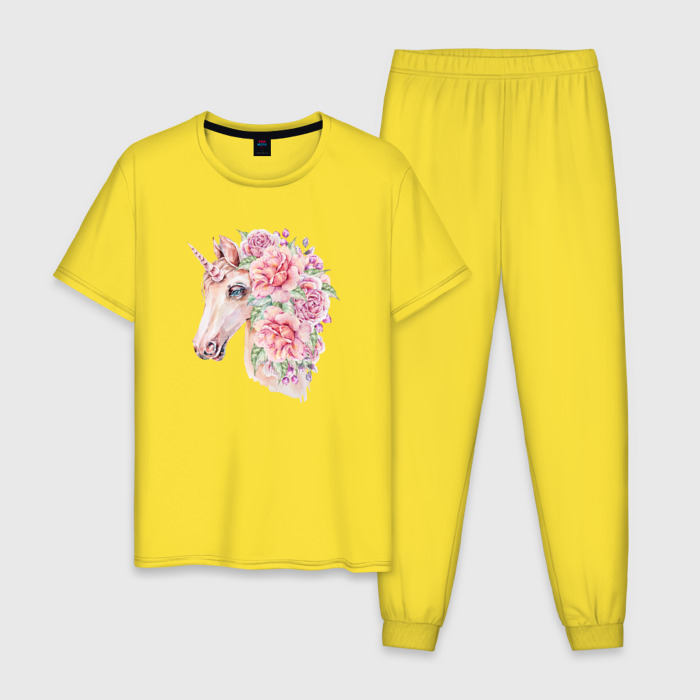 Мужская пижама хлопок Белый единорог в цветах фото