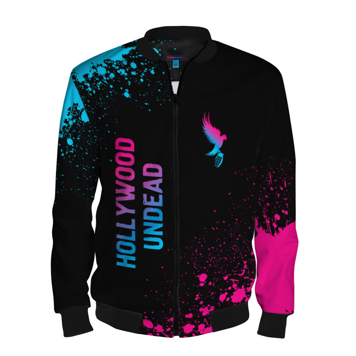 Мужской бомбер 3D Hollywood Undead   neon gradient: символ и надпись вертикально фото