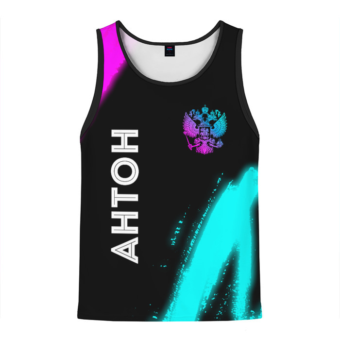 Мужская майка 3D Антон и неоновый герб России: надпись, символ фото