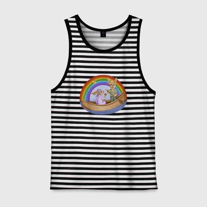 Мужская майка хлопок Кролики на лодке под радугой фото