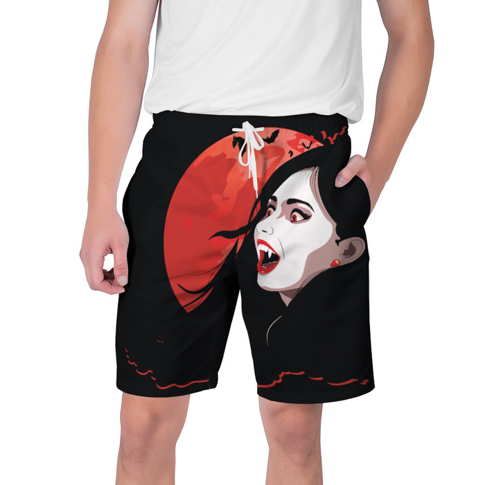 Мужские шорты 3D Вампирша на фоне красной луны фото