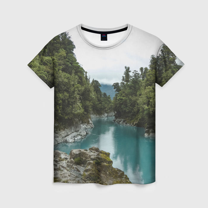 Женская футболка 3D Река, лес и скалы фото