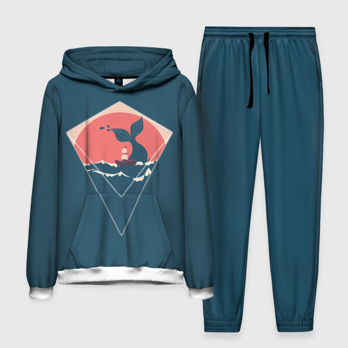 Мужской костюм 3D (с толстовкой) Хвост кита и лодка в минималистском стиле фото