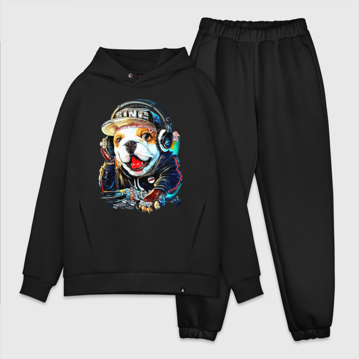 Мужской костюм хлопок OVERSIZE Прикольный бульдожка   диджей фото