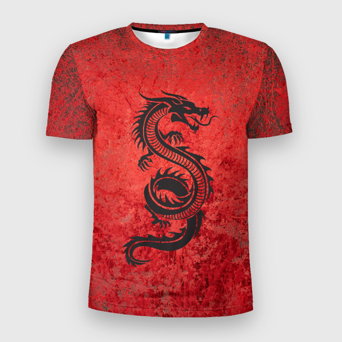 Мужская футболка 3D Slim Черный дракон на красной стене фото