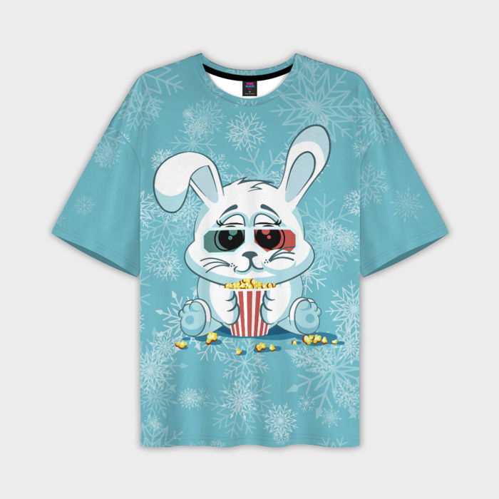 Мужская футболка OVERSIZE 3D Кролик кушает попкорн. фото