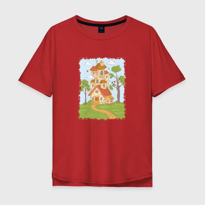 Мужская футболка хлопок Oversize Мультяшный домик в лесу фото