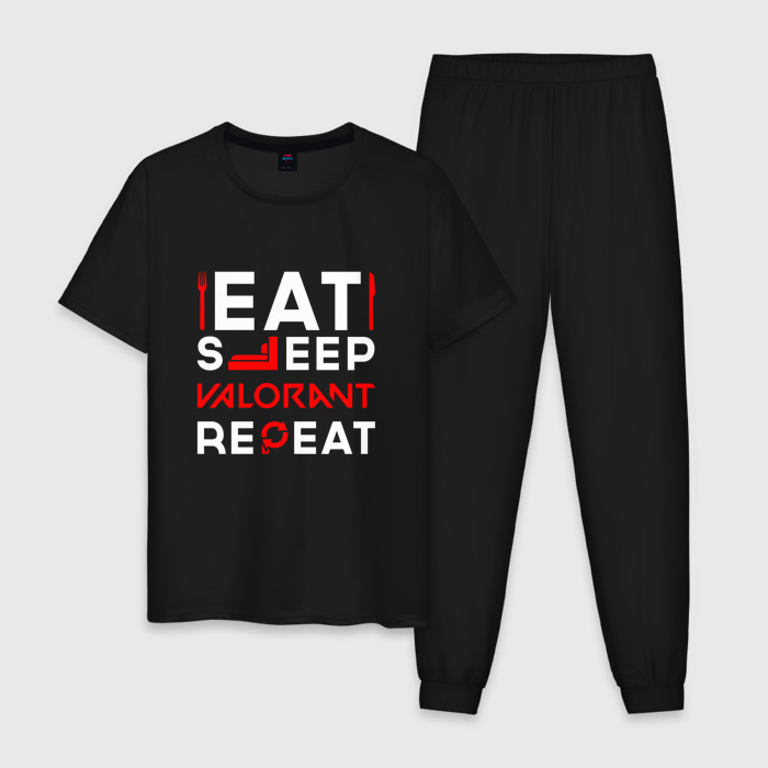 Мужская пижама хлопок Надпись eat sleep Valorant repeat фото