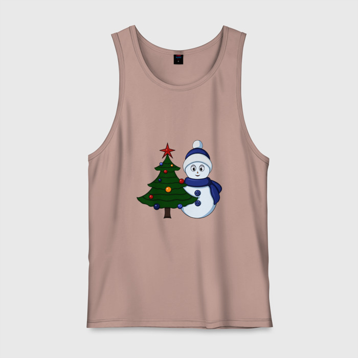 Мужская майка хлопок Снеговик и новогодняя елка фото