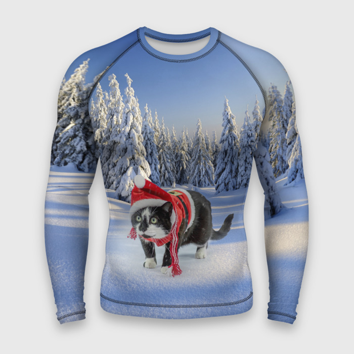 Мужской рашгард 3D Ряженый котик в зимнем лесу фото