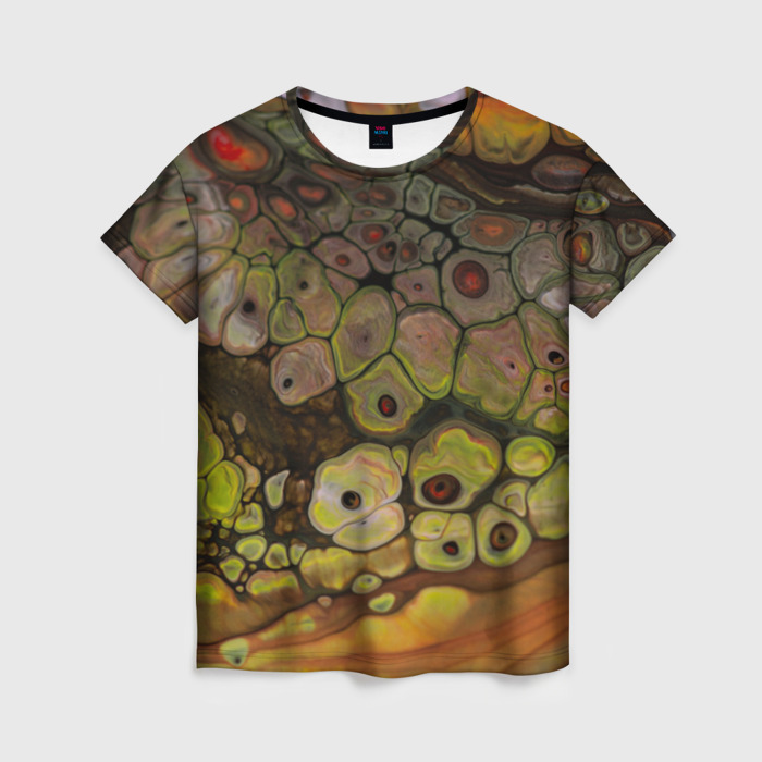 Женская футболка 3D Оранжевые камни, вода и краски фото