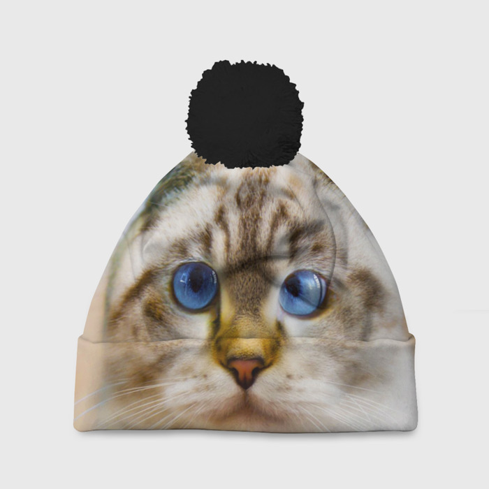 Шапка 3D c помпоном Кошка породы шотландская вислоухая косоглазая фото