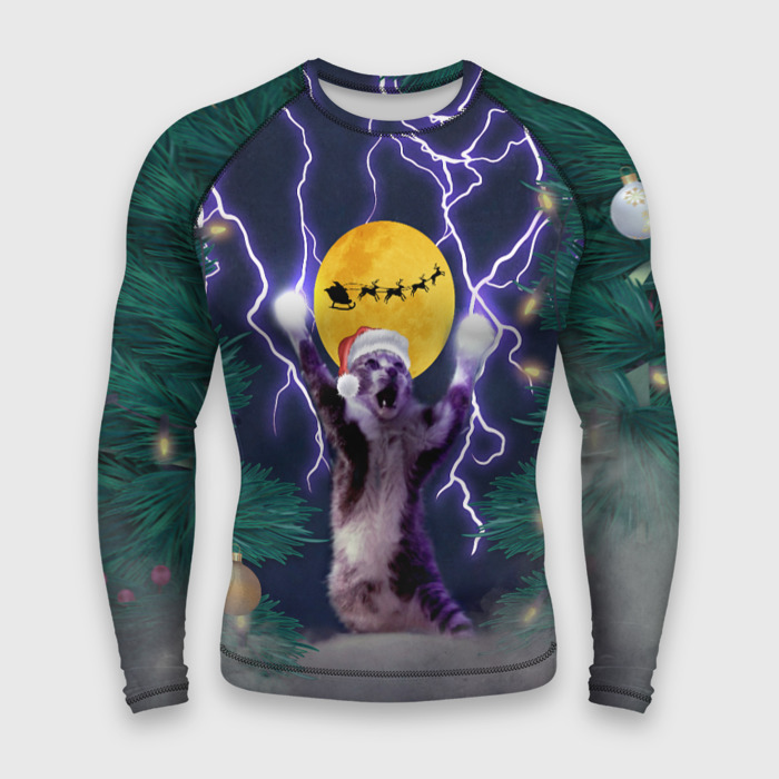 Мужской рашгард 3D Новогодний кот с молниями фото