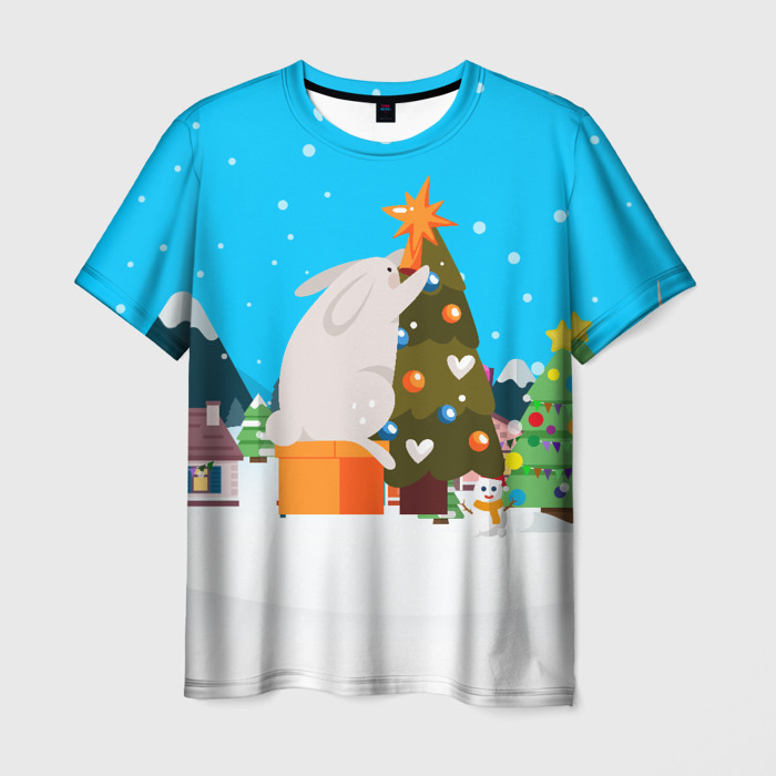 Мужская футболка 3D Крупный заяц наряжает елочку фото