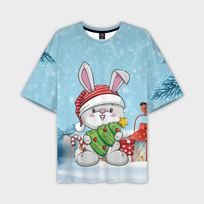 Мужская футболка oversize 3D Зайчик с елочкой   новый год фото