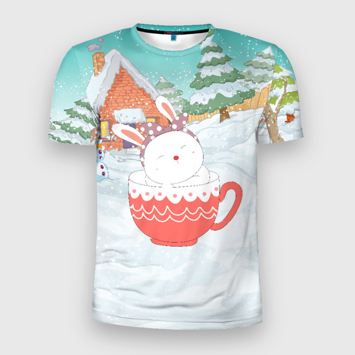 Мужская футболка 3D Slim Новогодний зайка сидит в кружке фото