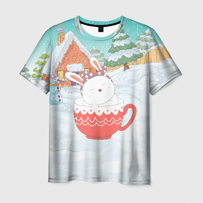 Мужская футболка 3D Новогодний зайка сидит в кружке фото