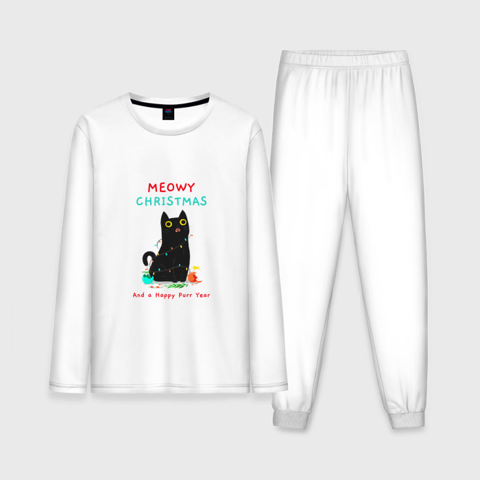 Мужская пижама с лонгсливом хлопок Meowy christmas and a happy purr year holiday фото