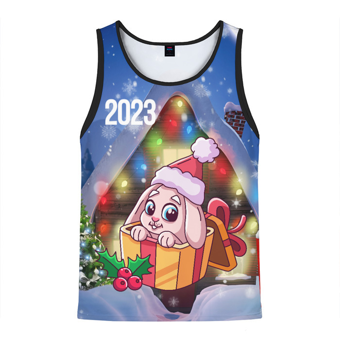 Мужская майка 3D Новогодний зайчик у елочки фото