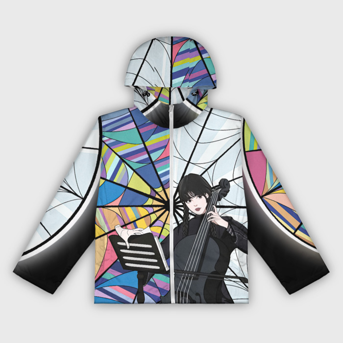 Женская ветровка 3D Уэнсдэй играет на виолончели на фоне окна фото