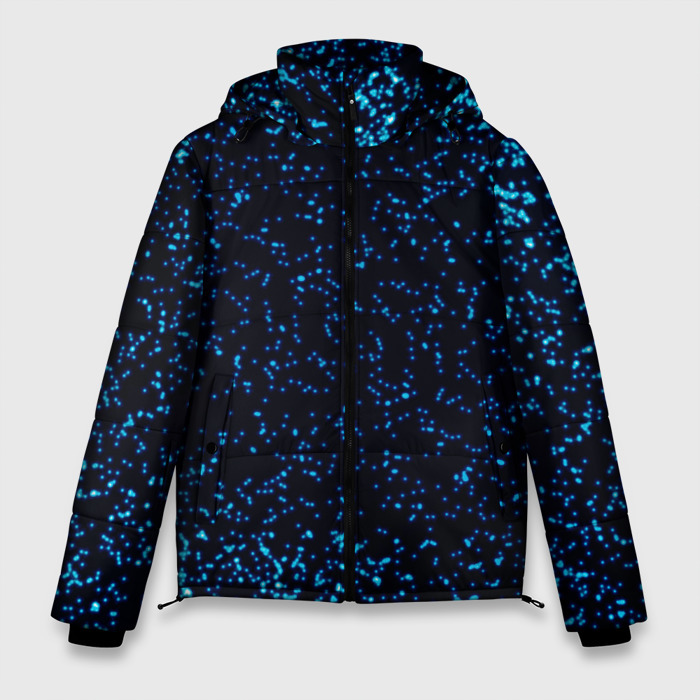 Мужская зимняя куртка 3D Неоновый синий блеск на черном фоне фото