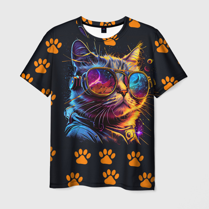 Мужская футболка 3D Радужный Котейка в очках фото