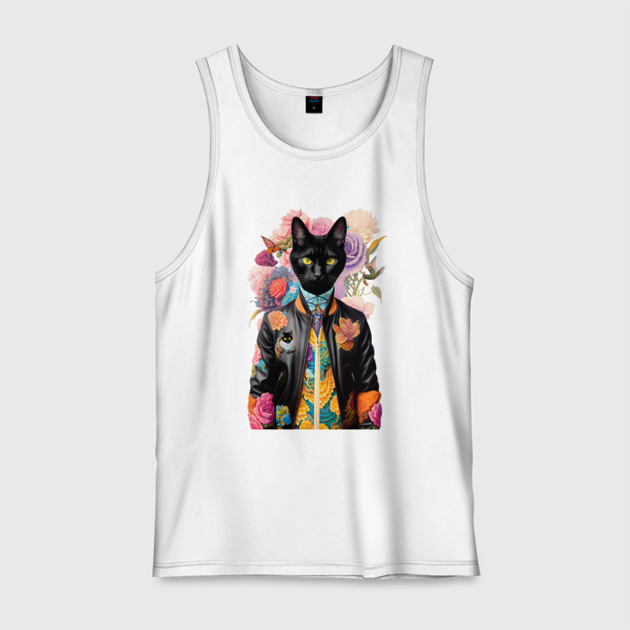 Мужская майка хлопок Чёрный кот модник   нейросеть фото