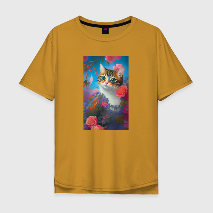 Мужская футболка хлопок Oversize Полосатый кот с цветами фото
