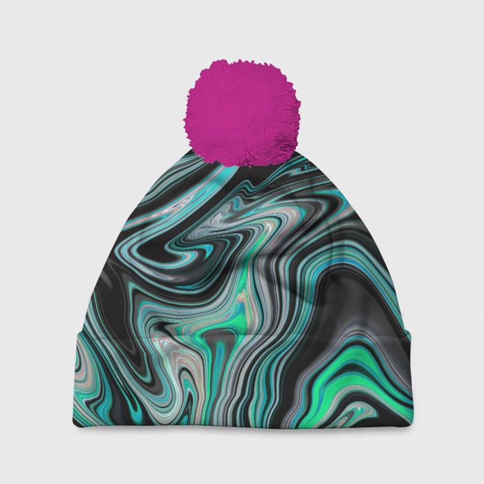 Шапка 3D c помпоном Черно зеленый флюид арт фото