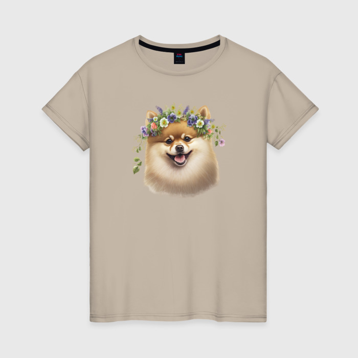 Женская футболка хлопок Шпиц в венке из цветов фото