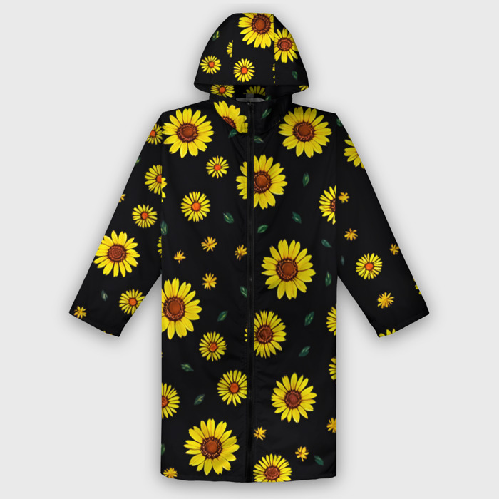 Дождевик унисекс 3D Желтые ромашки на черном фото