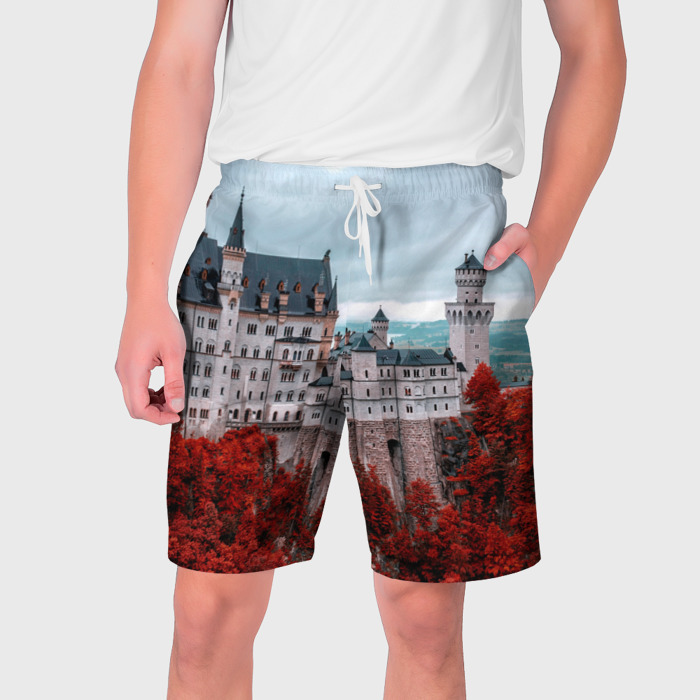 Мужские шорты 3D Замок в горах и красный лес фото
