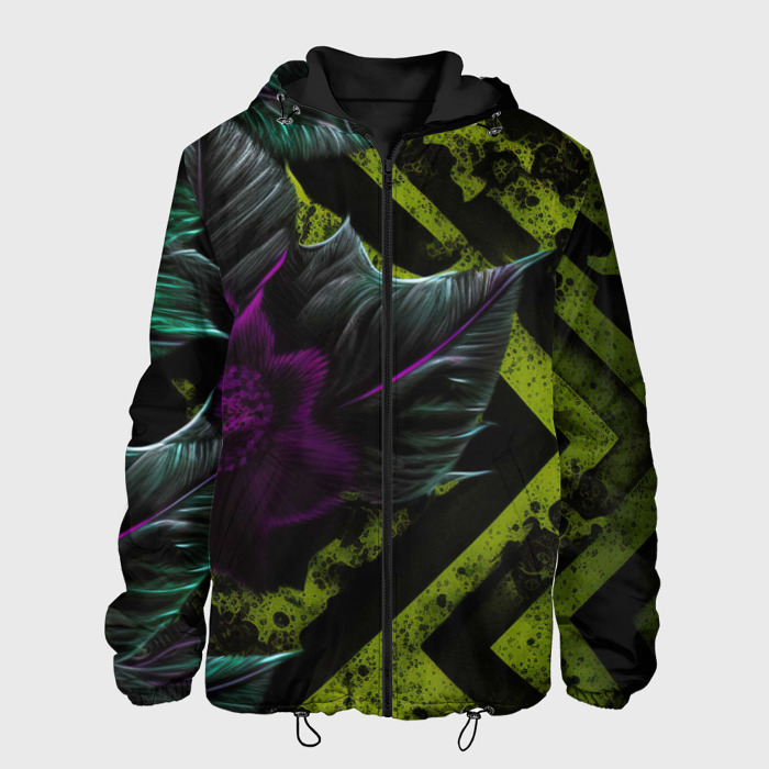 Мужская куртка 3D Фиолетовый цветок и зеленые абстрактные листья фото