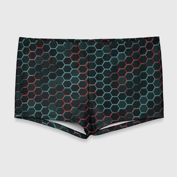 Мужские купальные плавки 3D Соты, красный и голубой неон фото