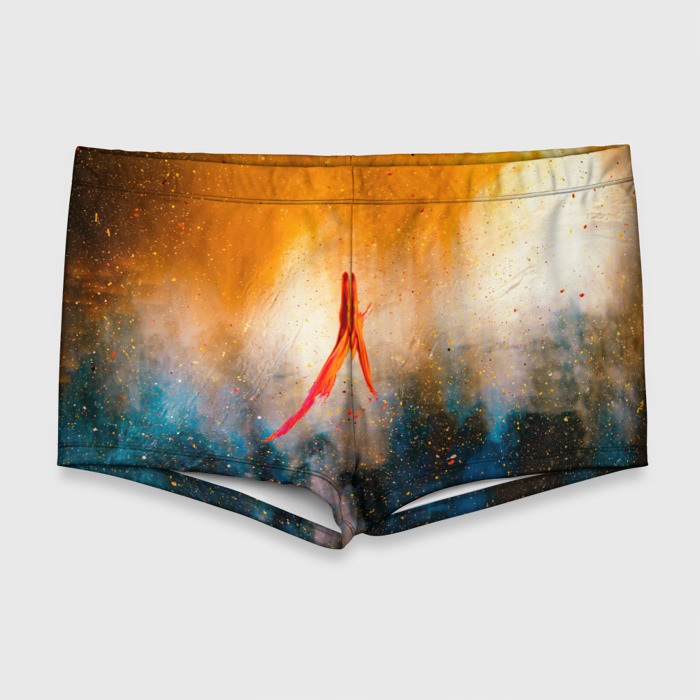 Мужские купальные плавки 3D Оранжево синий туман и краски фото