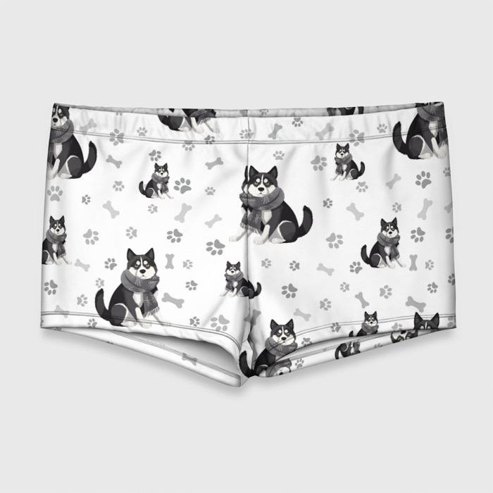 Мужские купальные плавки 3D Черный хаски в шарфике фото