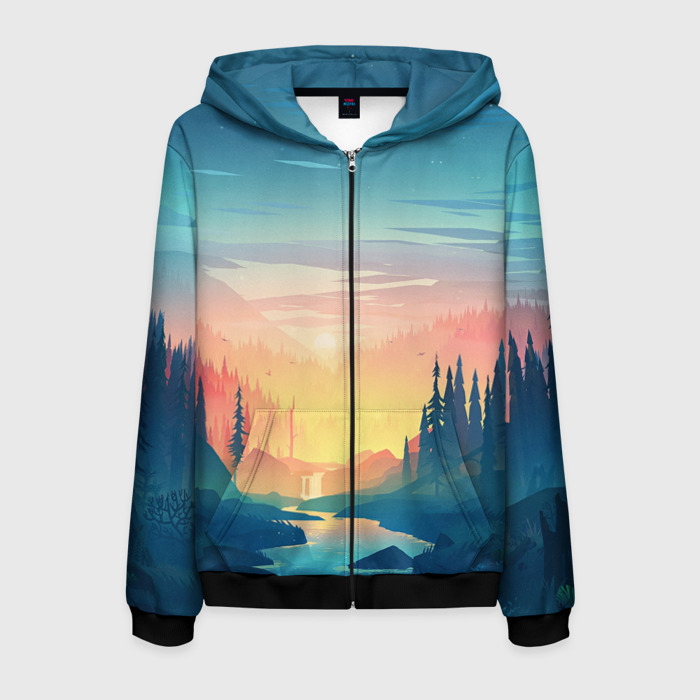 Мужская толстовка 3D на молнии Лесной пейзаж с речкой и горами фото