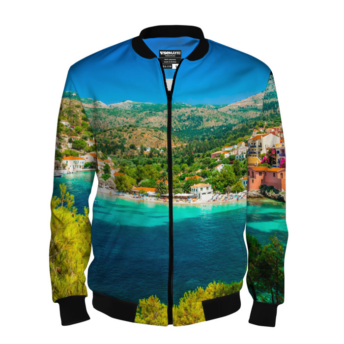 Мужской бомбер 3D Светлое озеро, городишко и холмы фото