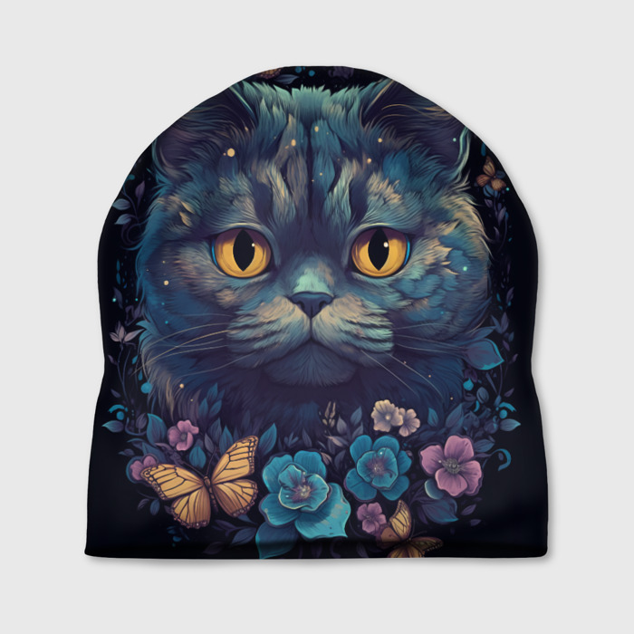 Шапка 3D Серый кот в цветах: арт нейросети фото