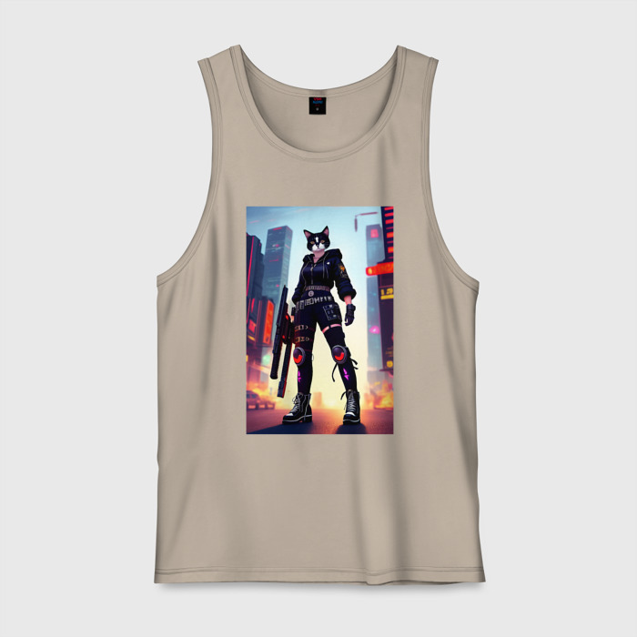 Мужская майка хлопок Крутая кошка с оружием   киберпанк фото