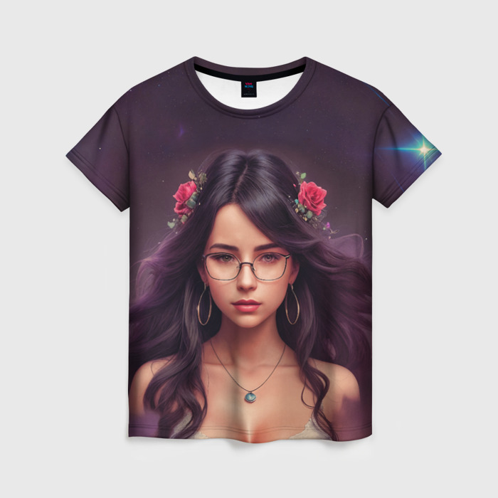 Женская футболка 3D Девушка очки цветы фото